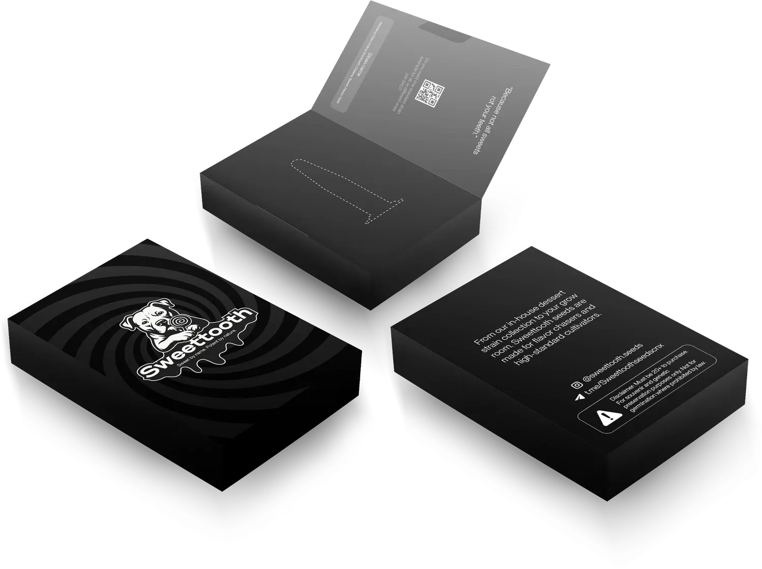 Sweettooth Seeds packaging design: black flip-top seed boxes shown front, back and open, the lid carrying the dog-and-lollipop mark over the brand's spiral pattern